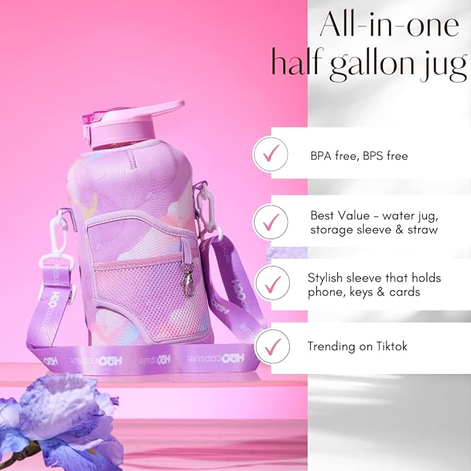 H2O Capsule 2.2L Half Gallon Water Bottle with Storage Sleeve and Removable Straw – BPA Free Large Reusable Drink Container with Handle - Big Sports Jug, 2.2 Liter (74 Ounce), Purple Tie Dye