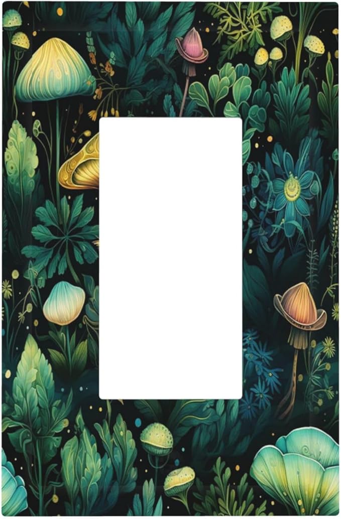 Green Dark Forest Mystical Mushroom 1 Gang Rocker Light Switch Covers Single Decora Outlet Wall Plate Decorative Switchplate Faceplate GFCI for Country Bathroom Bedroom Kitchen Decor