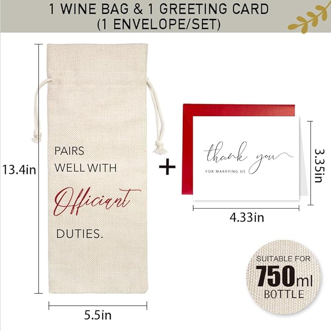 Wedding Gifts for Officiant, Wedding Officiant Wine Bag for Wedding Day, Best Officiant Ever, Pairs Well With Wedding Officiant, Drawstring Burlap Wine Bag, 1 Wine Bag With 1 Thankful Card (Red)