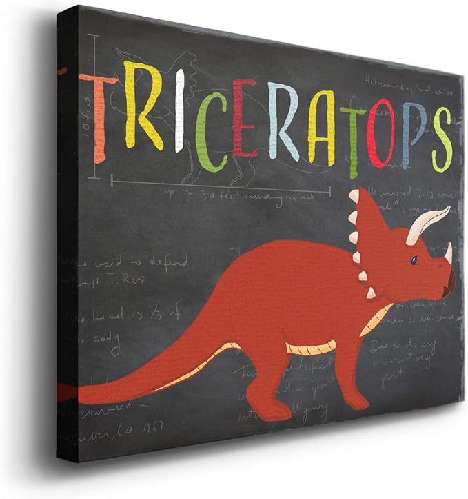 Renditions Gallery Canvas Animal Wall Art Modern Decorations Paintings Colorful Playful Triceratops Vibrant Dinosaur Canvas Wall Hanging Artwork for Kids Bedroom Nursery - 18"x27" LT33