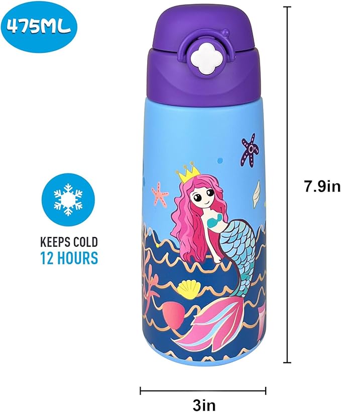 Kids Insulated Water Bottle with Covered Pop-Up Straw,16oz Kids Cups with Stainless Steel Leak Proof for School Boys Girls（Mermaid）