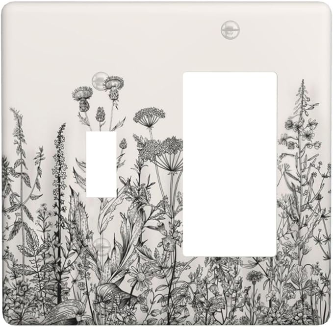 Vintage Grey Floral Herbs Wild Flowers Botanical 2 Gang Single Toggle Rocker Combination Boho Light Switch Covers Decorative Country Unique Wall Plate Cover Electrical Faceplate Switchplate