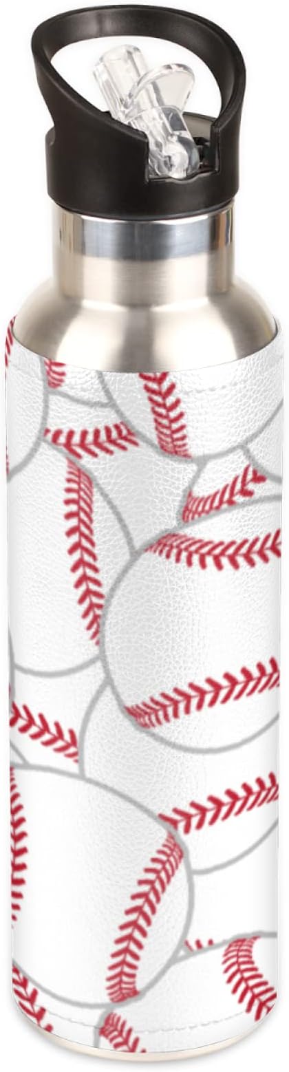 Stainless Steel Sports Water Bottle with Straw, 20 oz Vacuum Insulated Cup, Keeps Hot Cold Canteen Water Bottles For Cycling Travel Hiking (baseball)