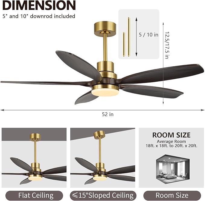52" Ceiling Fan with Light and Remote,Reversible DC Motor,6Speed,Modern Natural Wood Ceiling Fan with Dimmable LED for Outdoor Patios Bedroom Living Room,Brown Walnut and Brass