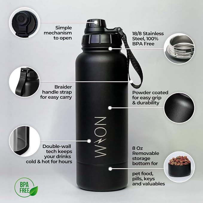 WON Stainless Steel Insulated Water Bottle with Storage Compartment for Dog Food, Snack, Pills, Keys, Cash and Valuables - 32oz Metal Vacuum Flask for Cold & Hot Drinks - Diversion Safe Water Bottle
