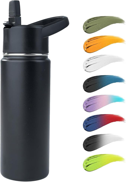 Stainless Steel Water bottle with Straw & Wide Mouth Lid, Wide Rotating Handle, 18oz Double Wall Vacuum Insulated Water Bottle Leak Proof, BPA Free, Keep Cold and Hot, 18oz, Black