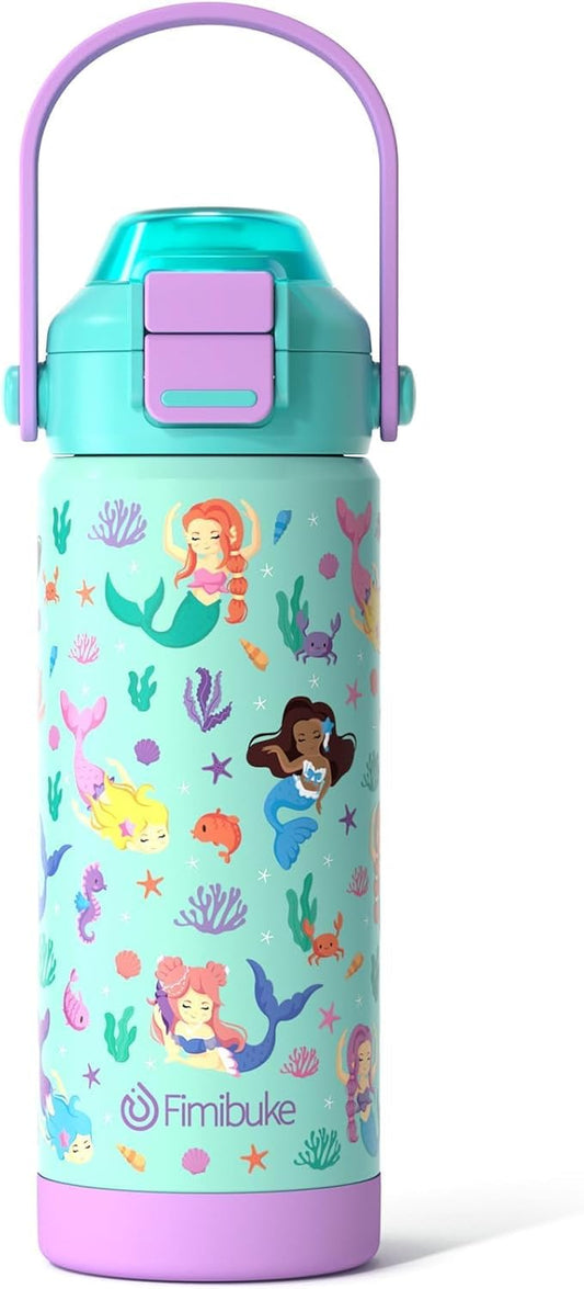 Fimibuke Kids Insulated Water Bottle with Pop-Open Straw & Spout 2-in-1 Lid, 18oz Leak Proof 18/8 Stainless Steel Vacuum Tumbler, BPA-Free Kids Cup For Travel School Boys Girls Toddler (1Pack,Mermaid)