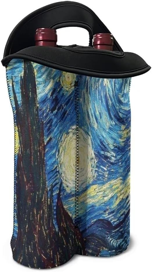 doginthehole Blue Night Sky Wine Bottle Holder 2 Bottle Wine Carrier with Divider for Travel, Starry Sky Print Wine Storage Tote Bag Portable Wine Gift Bag Insulated Sleeve Champagne Carrier Bag