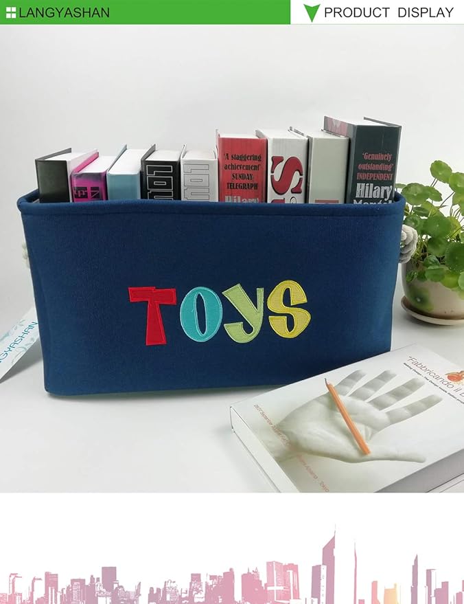 LANGYASHAN Rectangular Storage Bin Collapse Canvas Fabric Cartoon Storage Basket with Handles for Organizing Home Kitchen Boys and Girls Toys Office Closet Shelf Baskets (Navy Toys)