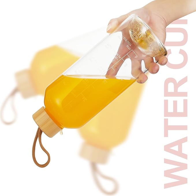 Crazy Music 32 oz Clear Glass Water Bottles,Reusable Glass Juicing Bottles with Bamboo Leak Proof Lids -Sports Water Bottle with Time Marker for Gym, Sports, Outdoors(Gold RosesTheme)