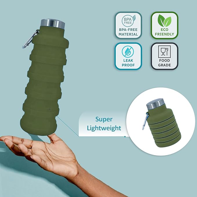 Collapsible Water Bottles 17oz, Odorless BPA-Free Silicone, Leak-Proof Foldable Reusable Bottle - Perfect for Travel Sports Gym Hiking Camping Cycling - Brown