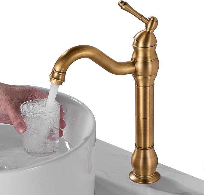 Antique Brass Single Handle Bathroom Sink Faucet, Faucet with Pop Up Drain Tall Spout Single Hole 360° Swivel Hot Cold Water Gold