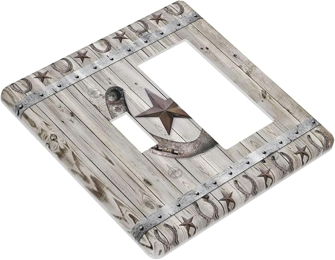 Rustic Western Wood Barn Door Horseshoe Iron Star 2 Gang Single Toggle Rocker Combination Light Switch Covers Wall Plate Cover Electrical Faceplate Decorative Switchplate for Farmhouse Bedroom