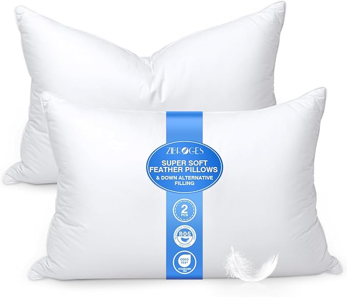 Goose Feather Bed Pillow King Size Set of 2 - Hotel Down Pillows for Sleeping, Soft 600 Thread Count Cotton Cover, Fluffy Support Surround Fill Polyester for Back, Stomach, Side Sleepers