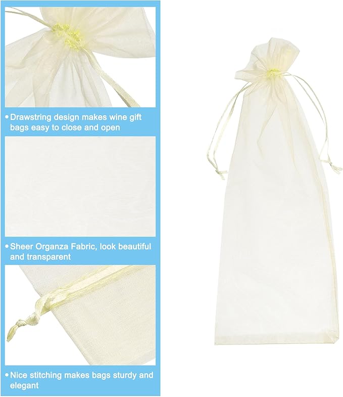 uxcell Organza Wine Bags, 12PCS 14.5 x 5.5 In Gold Sheer Mesh Organza Wine Wrapping Bags With Drawstring Wine Gift Pouches for Bottle Birthday, Wedding Party
