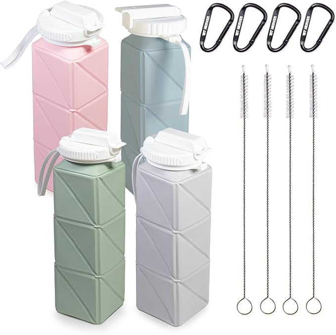 Collapsible Water Bottle, Silicone Foldable Water Bottles For Travel, Easy-To-Carry Design And Compact Size, BPA Free, 20 oz (4-Pack, 4 Colors (Cuboid))