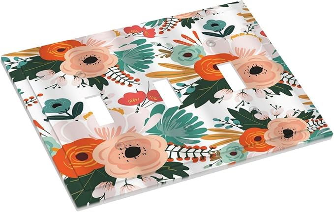 Rustic Floral Boho Colorful Flower 3 Gang Light Switch Covers Triple Toggle Wall Plate Decorative Switchplate Electrical Faceplate for Farmhouse Bathroom Bedroom Kitchen Decor
