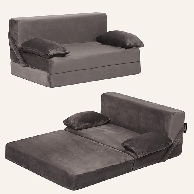 Weighted Idea 2-in-1 Kids Sofa Couch Fold Out for Girls and Boys, Folding Toddler Chairs Comfy Children Couch Baby Recliner, Convertible Sofa to Lounger for Reading Sleeping (Grey, 30x18x16 inches)