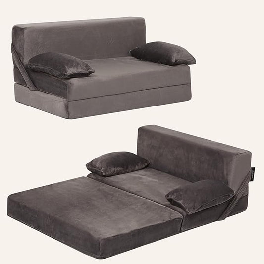 Weighted Idea 2-in-1 Kids Sofa Couch Fold Out for Girls and Boys, Folding Toddler Chairs Comfy Children Couch Baby Recliner, Convertible Sofa to Lounger for Reading Sleeping (Grey, 30x18x16 inches)