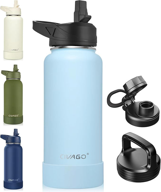 CIVAGO 32 oz Insulated Water Bottle With Straw, Stainless Steel Sports Water Flask Cup with 3 Lids (Straw, Portable Spout and Handle Lid), Double Walled Travel Thermal Canteen Mug, Light Blue