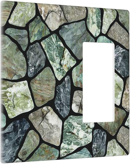 Green Stone Texture Combo Single Blank 1 Rocker Light Switch Wall Plate Cover Decorative 2-Gang for Electrical Room Bathroom Bedroom Home Kitchen One Decora Receptacle 4.5" x 4.6"