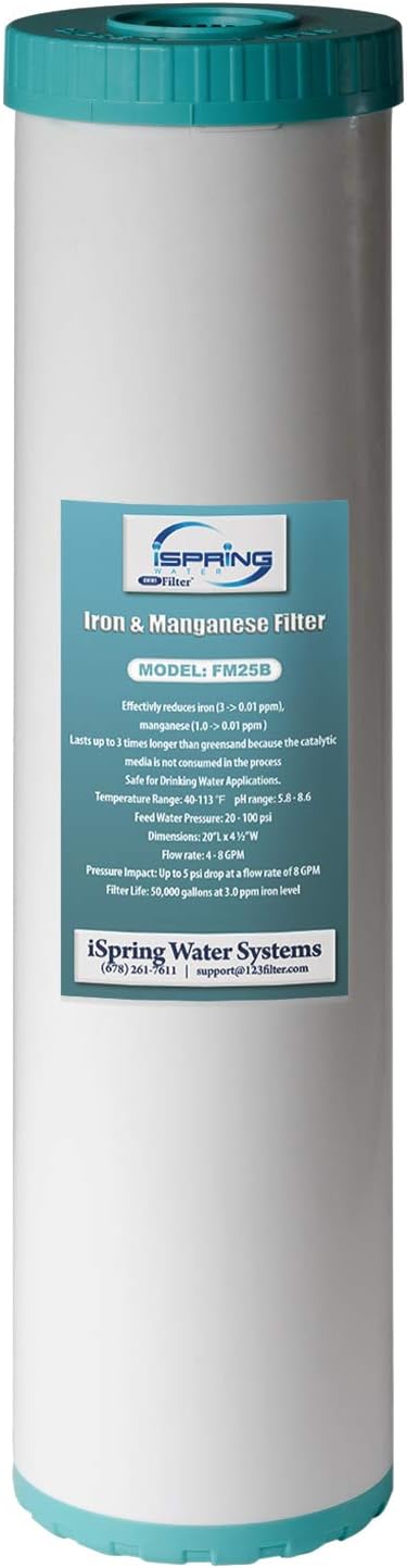 iSpring Whole House Water Filter Cartridge, Iron & Manganese Reducing Water Filter Whole House, 4.5" x 20", Model: FM25B & FG25B-KS High Capacity Heavy Metal Reducing GAC and KDF
