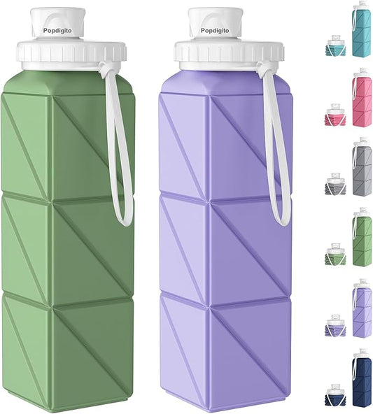 Collapsible Water Bottles 20.7oz Leakproof with Straw Lid Food-Grade BPA-Free Silicone Travel Foldable Water Bottles for Sports Office Gym Hiking Driving 610ML (Light Purple+Army Green)