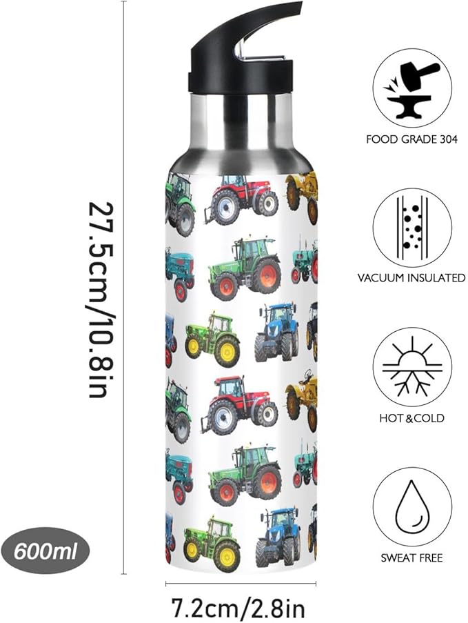 Tractor Stainless Steel Water Bottle with Straw Lid - 20 Oz Sports Insulated Water Bottle Thermos for Sport Gym Outdoor Travel School (DZ007)