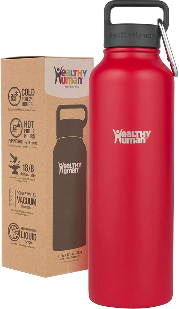 Healthy Human Stainless Steel Water Bottle | Double Walled Vacuum Insulated Water Thermos for Adults | Eco-Friendly Travel Bottles with Leak Proof Lid (Red Hot, 40 oz / 1183 ML)