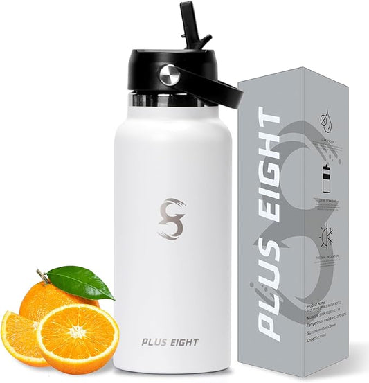 Sports Water Bottle, 32 oz Insulated Water Bottle With Straw, Stainless Steel Water Bottle Wide Mouth for Sports, Gym or Office, BPA-Free Keep Cold 24H Hot 12H (White)