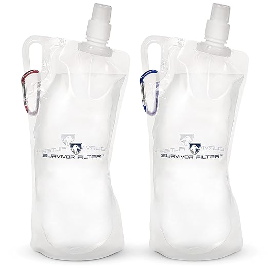 Survivor Filter 1L Clear Collapsible Water Bottles - Travel, Hiking, Foldable, BPA-Free - 2 x 33oz