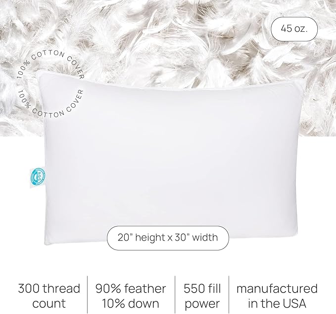 East Coast Bedding Pure Dream Firm Pillow Queen Pillow Medium Support, Queen Size 20x30 Inch Goose Feather Down Pillows, 100% Cotton Shell Pack of 1