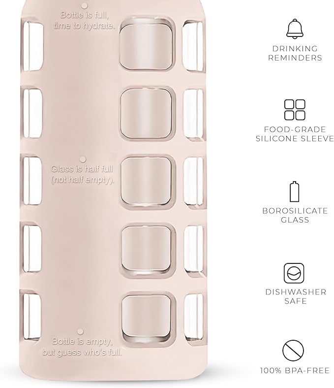 purifyou Premium 40/32 / 22/12 oz Glass Water Bottles with Volume & Times to Drink, Silicone Sleeve & Stainless Steel Lid Insert, Reusable Bottle for Fridge Water, Milk, Juice (22oz Hazelnut)