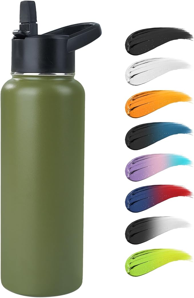 Stainless Steel Water bottle with Straw & Wide Mouth Lid, Wide Rotating Handle, 40oz Double Wall Vacuum Insulated Water Bottle Leak Proof, BPA Free, Keep Cold and Hot, 40oz, Army Green