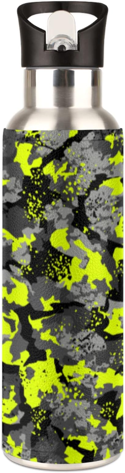 Fluorescence Camo Stainless Steel Sports Water Bottle with Straw, 32 oz Vacuum Insulated Cup, Keeps Hot Cold Canteen Water Bottles For Cycling Travel Hiking