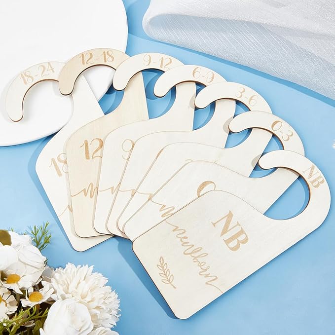 CRASPIRE 8Pcs Wooden Newborn Baby Wardrobe Dividers Nursery Closet Organizers from 1 to 24 Month Baby Hanger Seperaters Nursery Infant Wardrobe Hangers Divider for Newborn Shower Decor