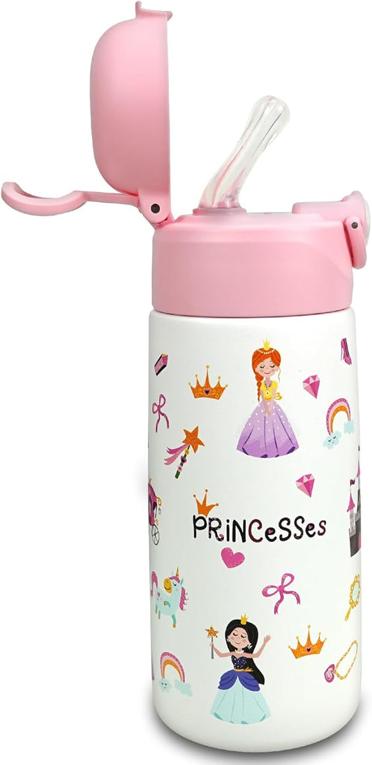 Kids Insulated Water Bottle with Covered Pop-Up Straw,16oz Kids Cups with Stainless Steel Leak Proof for School Boys Girls（4-Princess）