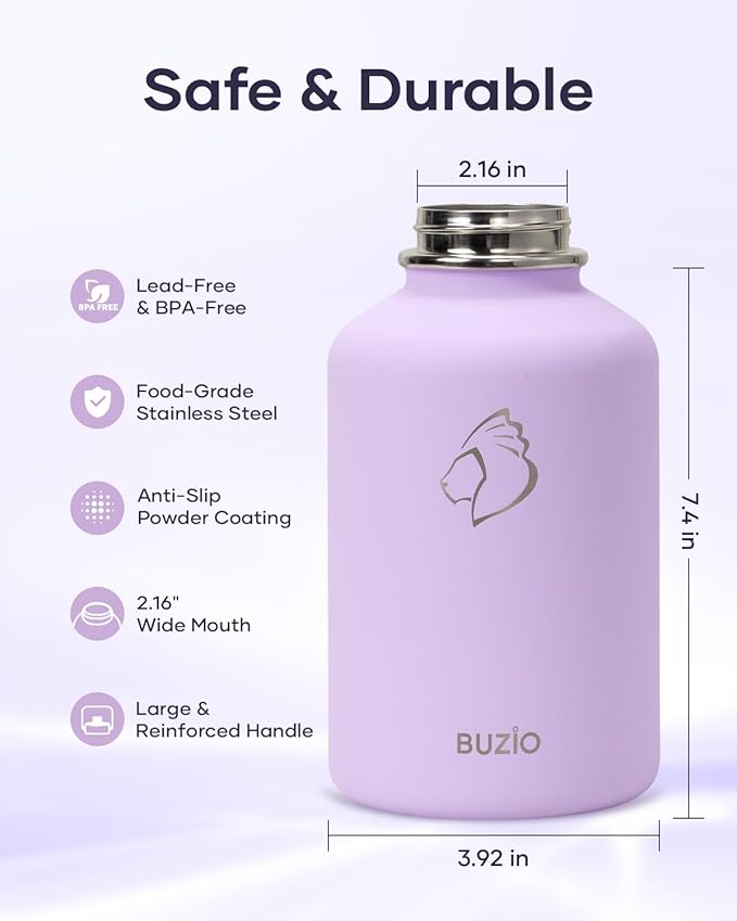 BUZIO 64oz Insulated Water Bottle, Half Gallon Water Jug Stainless Steel with Straw Lid and Carrying Pouch, Keep Cold 48h Lead-Free Double Wall Vacuum Thermo Metal Canteen for Gym Camping, Purple
