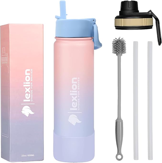 Water Bottle 22oz, Triple Walled Insulated Stainless Steel Reusable Bottle, Silicone Sleeve, Cleaning Brush, 2 Lids (Spout lid & Straw lid w/2 straw), Metal Mug Gallon, BPA Free, Pinky
