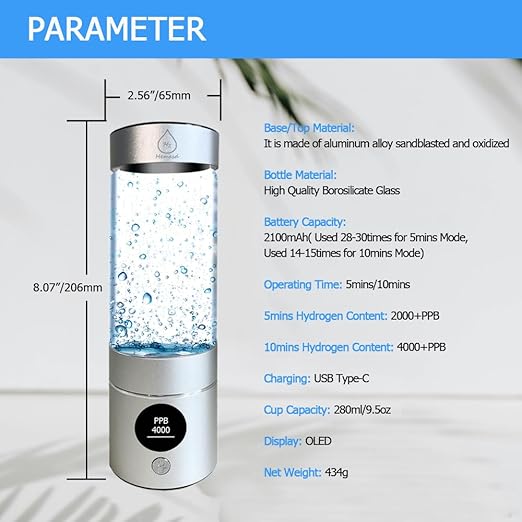 Hydrogen Water Glass Bottle 4000+PPB, 4th Gen Hydrogen Water Generator Bottle with SPE PEM Technology Water Ionizer 5Min Quick Electrolysis, Hydrogen Rich Water Machine (9.5oz Silver)