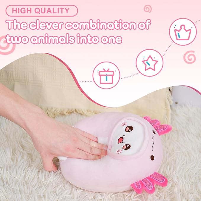 Cute Plush Axolotl Cat Stuffed Animal Pillow, 8" Soft Kawaii Kitten Plushie with Pink Axolotl Salamander Outfit Gift for Kids