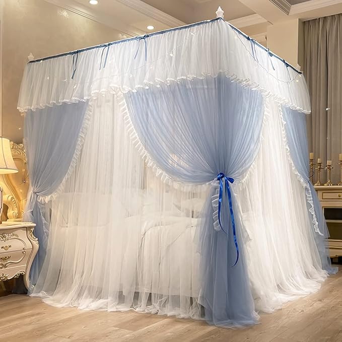 Mengersi Canopy Bed Curtains with Lights,4 Corner Bed Canopy Royal Luxurious Bed Drapes Netting,Princess Bed Curtains for Girls Adults Bedroom Decoration (Gray Blue, Queen)