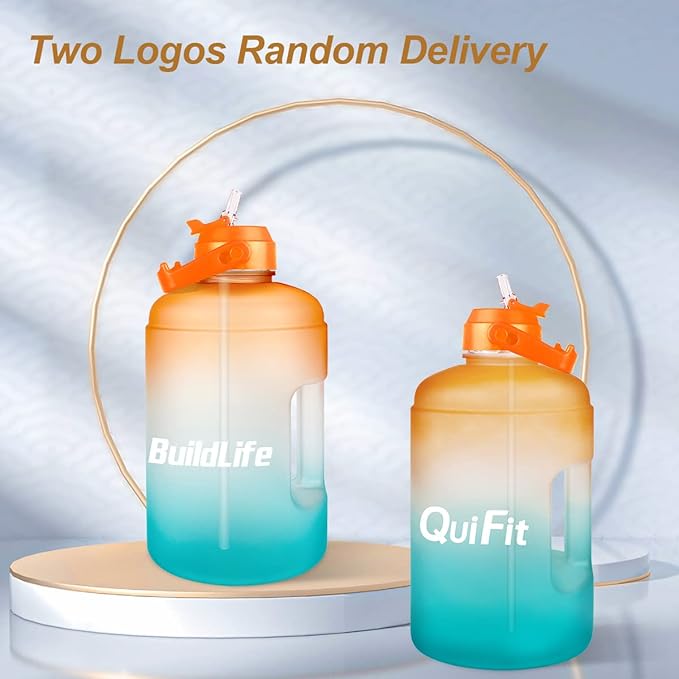 QuiFit 1 Gallon Water Bottle - with Straw & Motivational Time Marker Leak-Proof BPA Free Reusable Gym Sports Outdoor Large(128OZ) Capacity Water Jug(Orange/Green Gradient,1 Gallon)