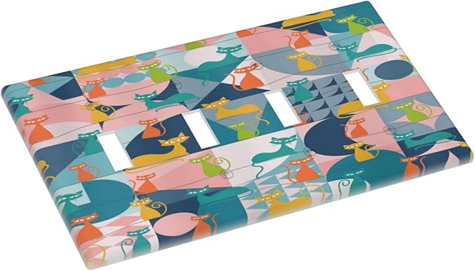 Mid Century Modern Atomic Cute Cats Quad Toggle Light Switch Covers 4 Gang Wall Plate Decorative Switchplate Electrical Faceplate for Kidroom Nursery Bedroom Decor