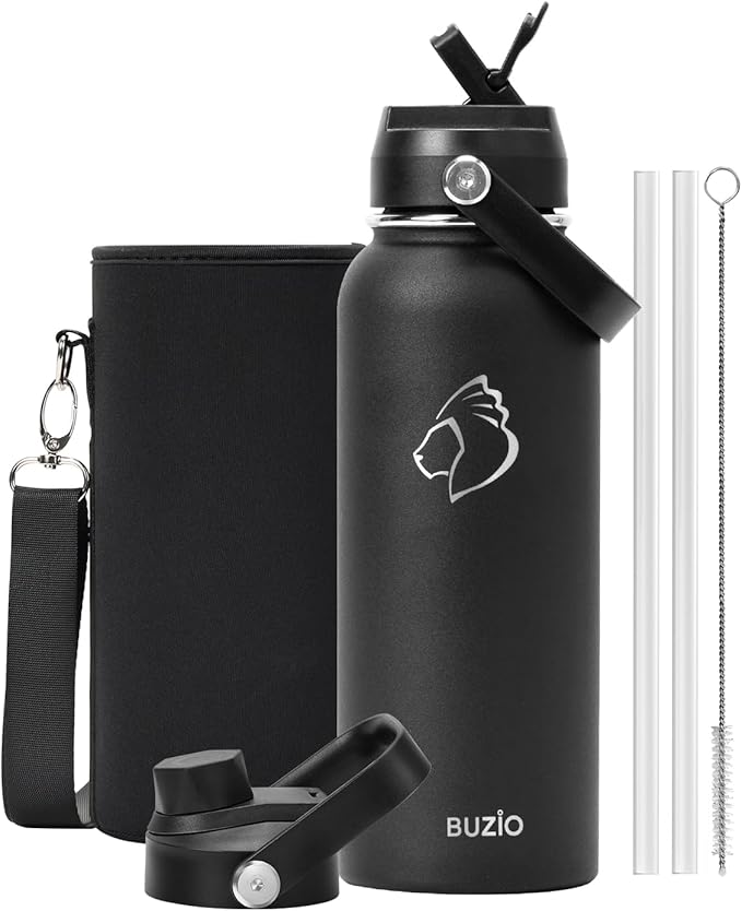 BUZIO 40oz Insulated Water Bottle, Stainless Steel Water Flask with Straw Lid and carrying pouch, Keep Cold 48h Leak Proof Double Wall Vacuum Travel Mug Metal Canteen for Gym Camp Beach, Black