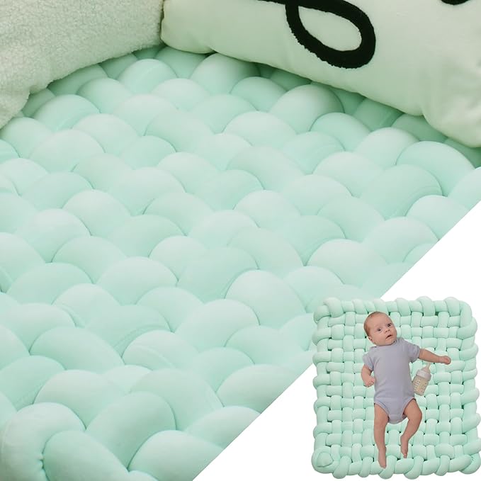 XHJRI Thickened Braided Knot Seat Mat, Knotted Floor Decorative Cushion, Handmade Baby Infant Playing Pad Nursery Rug (27.5 * 31.5 Inch,Light Green)