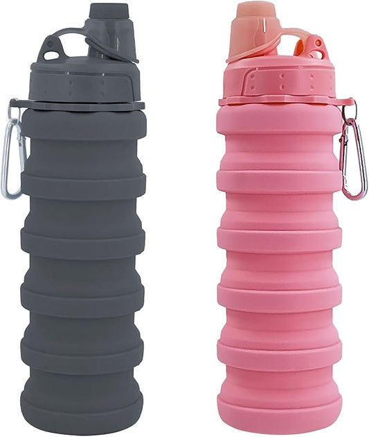 Collapsible Water Bottles Two Pack Travel Sports Portable Sport Water Bottle comes with mountaineering Buckle 500ml silicone Water-proof camping water bottle (Pink and Grey Color)