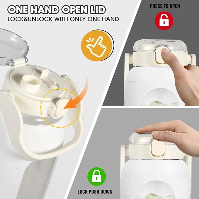 Glass Water Bottles 64 oz - Half Gallon Water Bottle with Straw Phone Holder Handle Time Marker and Silicone Sleeve, Large Motivational Water Jug with Carrier Bag for Daily Intake Gym White