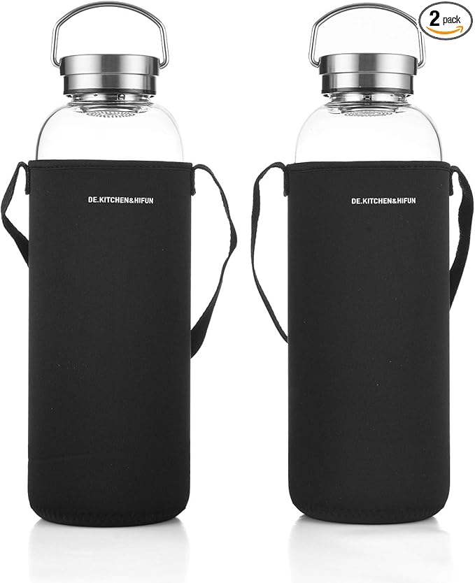 DE.KITCHEN&HIFUN Glasss Water Bottle 64oz, Large Borosilicate Glass 2L for Juice, Glass Water bottle with Steel Cap Filter (2)