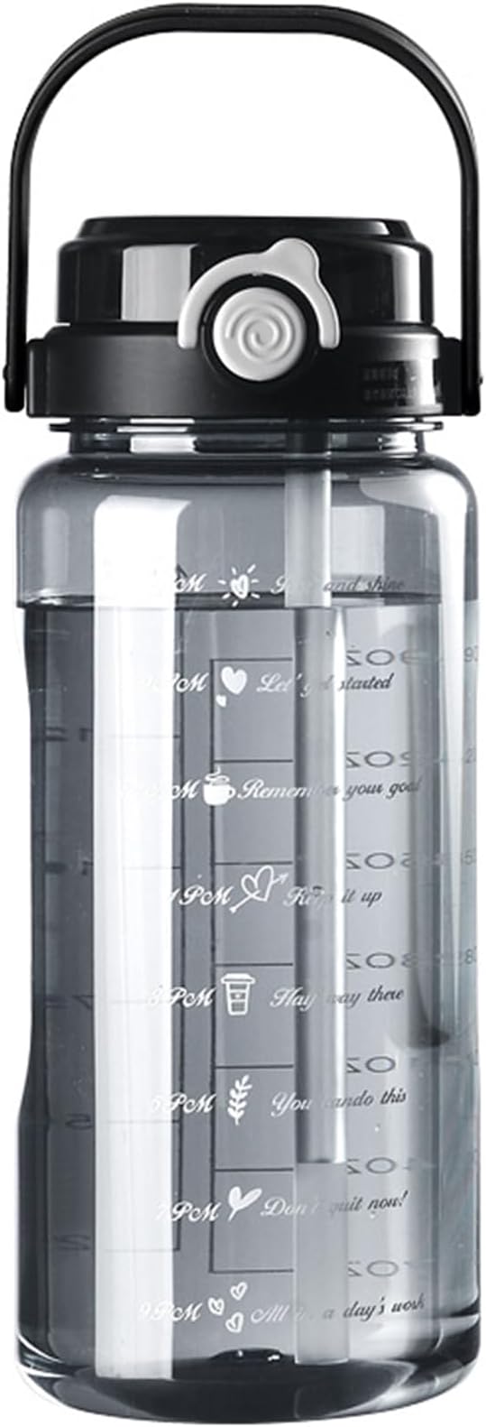 Plastic Water Bottle with Straw, 64 oz/2 L Large Water Bottle with Time Marker to Drink Leakproof Reusable Motivational Water Jug for Sports Gym Fitness Outdoor (Black)